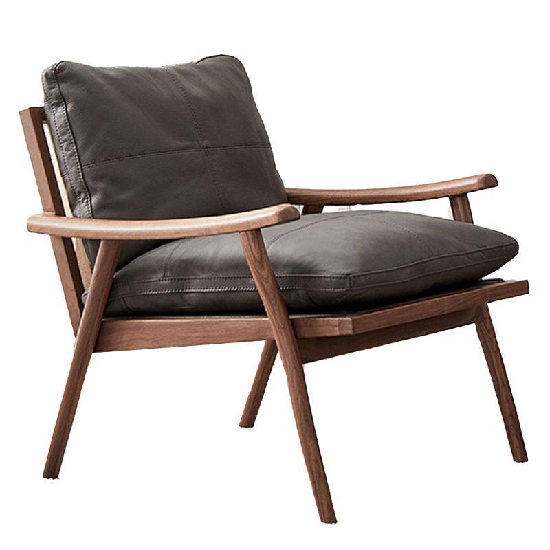 Кресло c каркасом из массива дерева и мягкой кожаной обивкой Walnut Armchair Орех в Волгограде | Loft Concept 