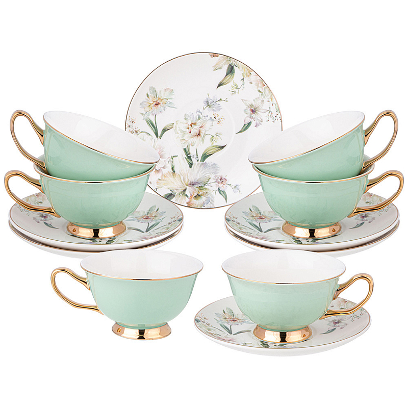 Чайный набор из фарфора на 6 персон Tea Porcelain Set Белый Золотой Зеленый Чайный набор из фарфора на 6 персон Tea Porcelain Set Белый Золотой Зеленый в Волгограде | Loft Concept