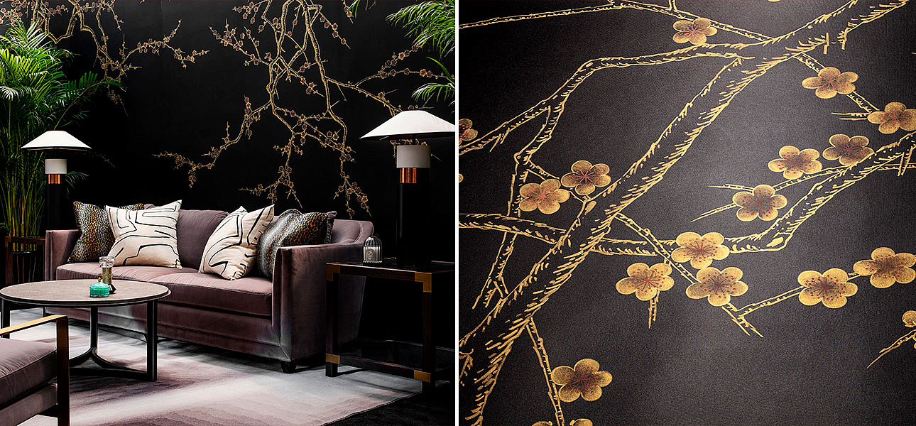 Обои ручная роспись Plum Blossom Colourway SC-226 on black painted silk Обои ручная роспись Plum Blossom Colourway SC-226 on black painted silk - Loft-Concept в Волгограде