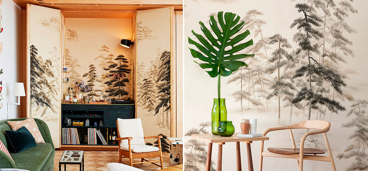Обои ручная роспись Abstract Pines Dark Lacquer on Natural Mica metallic silk Обои ручная роспись Abstract Pines Dark Lacquer on Natural Mica metallic silk - Loft-Concept в Волгограде
