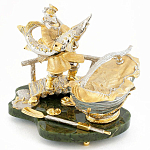 Икорница с ложкой с декором "Дед с осетром" с гравировкой на подставке из натурального камня Нефрит Decorative Cavair Dishes варинант исполнения - 1 | Loft Concept в Волгограде