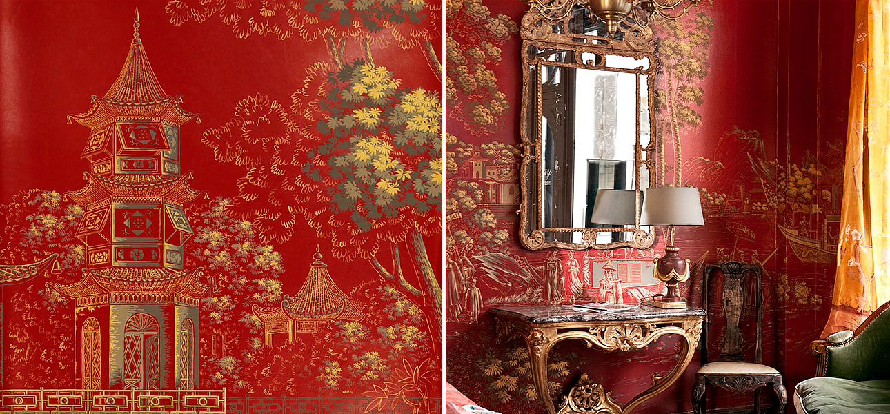 Обои ручная роспись Procession Chinoise Gold Outline on Scarlet Lady dyed paper with lacquered finish - Loft-Concept в Волгограде
