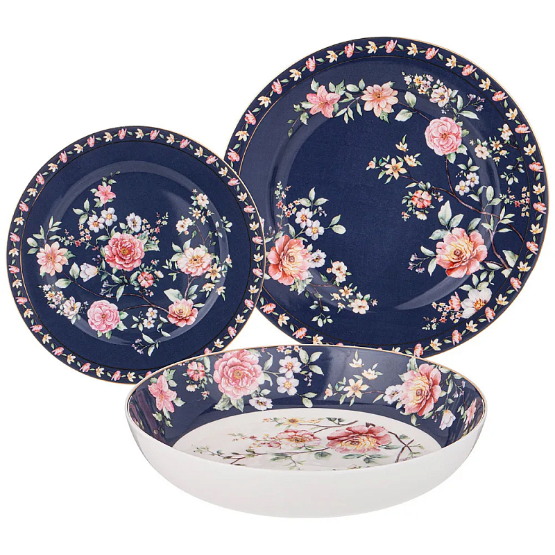 Набор посуды обеденный из фарфора на 6 персон 18 предметов Flower Porcelain Collection Синий Красный Зеленый в Волгограде | Loft Concept 