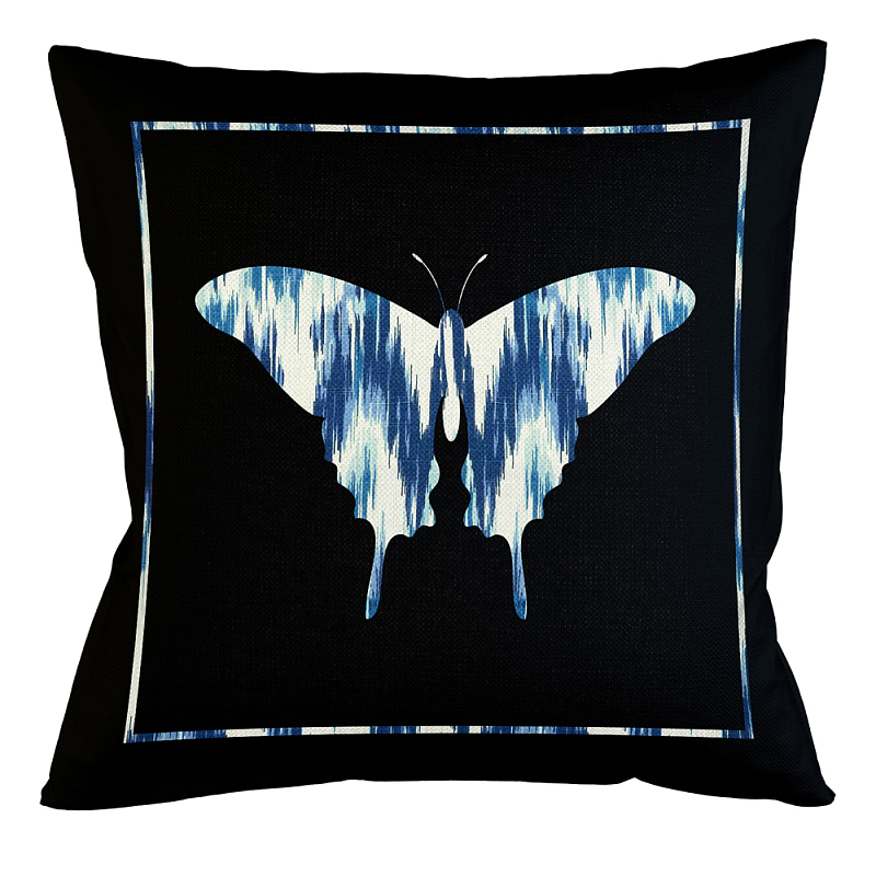 Подушка декоративная бабочка с синим узором Ikat Pattern Черный Белый Синий Бежевый Подушка декоративная бабочка с синим узором Ikat Pattern Черный Белый Синий Бежевый в Волгограде | Loft Concept