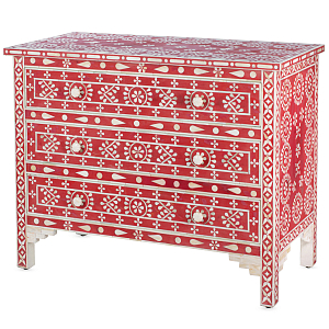 Комод красный орнамент кость BONE CHEST OF 3 DRAWER