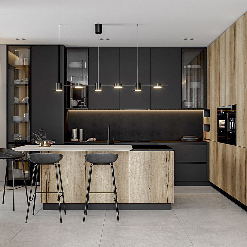 Черный матовый кухонный гарнитур с фасадом под дерево Axelle Kitchen Set Черный матовый Древесина Черный матовый кухонный гарнитур с фасадом под дерево Axelle Kitchen Set Черный матовый Древесина в Волгограде | Loft Concept