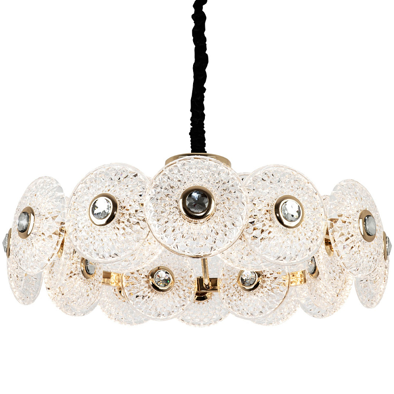Люстра с декором из круглых рельефных пластин из хрусталя Decorative Glass Discs Chandelier 82 Золотой Прозрачное Стекло Люстра с декором из круглых рельефных пластин из хрусталя Decorative Glass Discs Chandelier 82 Золотой Прозрачное Стекло в Волгограде | Loft Concept