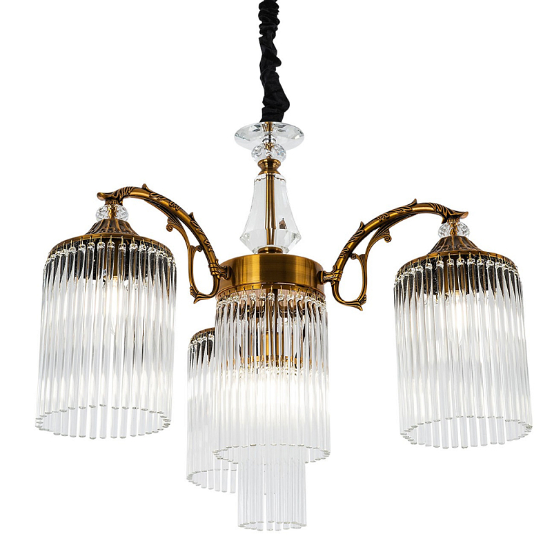 Подвесная люстра с плафонами с виде трубчатых хрустальных подвесок Cadice Chandelier Латунь Прозрачное Стекло в Волгограде | Loft Concept 