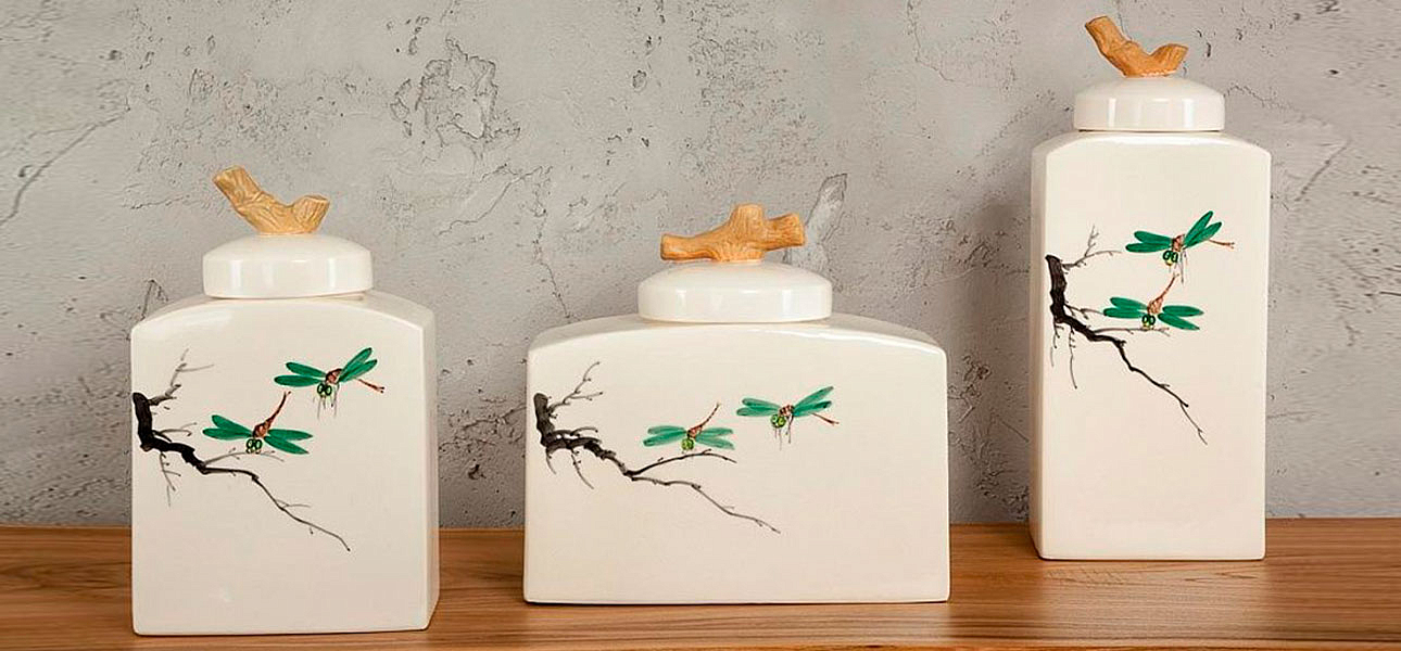 Ваза низкая с крышкой керамическая стрекоза Ornament Ваза низкая с крышкой керамическая стрекоза Ornament - Loft-Concept в Волгограде