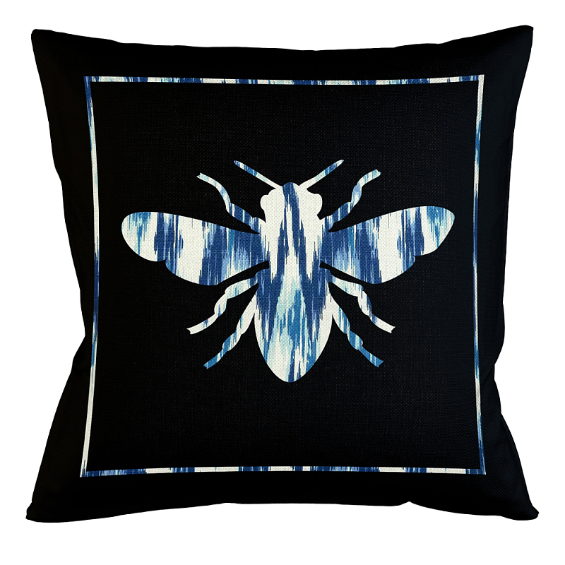 Подушка декоративная пчела с синим узором Ikat Pattern Черный Белый Синий Бежевый Подушка декоративная пчела с синим узором Ikat Pattern Черный Белый Синий Бежевый в Волгограде | Loft Concept