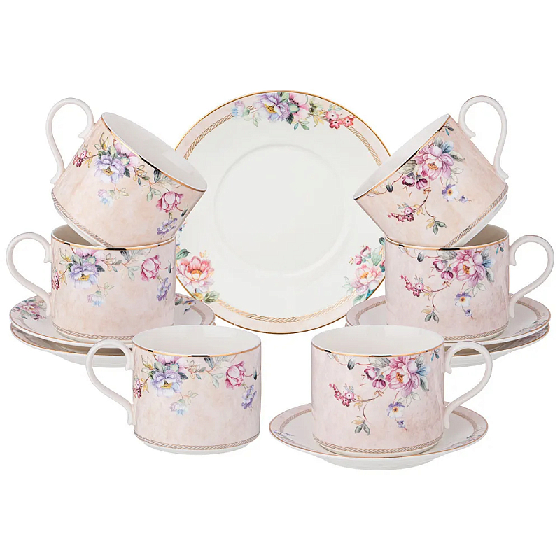 Чайный набор из фарфора с цветочным принтом на 6 персон 12 предметов Flower Porcelain Collection Розовый Мульти Чайный набор из фарфора с цветочным принтом на 6 персон 12 предметов Flower Porcelain Collection Розовый Мульти в Волгограде | Loft Concept