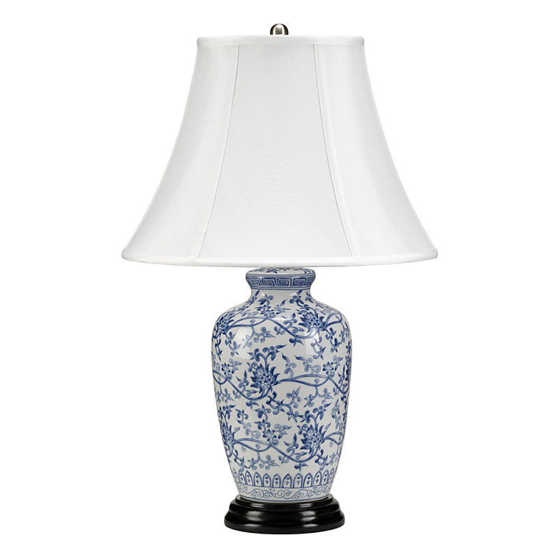 Настольная лампа с фарфоровым основанием с декоративным орнаментом и белым абажуром на темной круглой подставке Elstead Lighting Белый Синий Никель Черный Золотой Серебряный в Волгограде | Loft Concept 