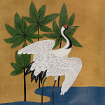 Обои ручная роспись Tsuro Cranes Original colourway on Gold Bullion gilded silk варинант исполнения - 1 | Loft Concept в Волгограде