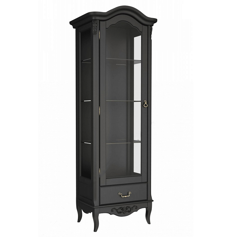 Витрина черная однодверная из массива бука с 4-мя полками и ящиком Black Provence Черный в Волгограде | Loft Concept 