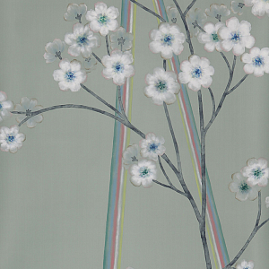 Обои ручная роспись Anemones in Light Daybreak on Blue Grey dyed silk