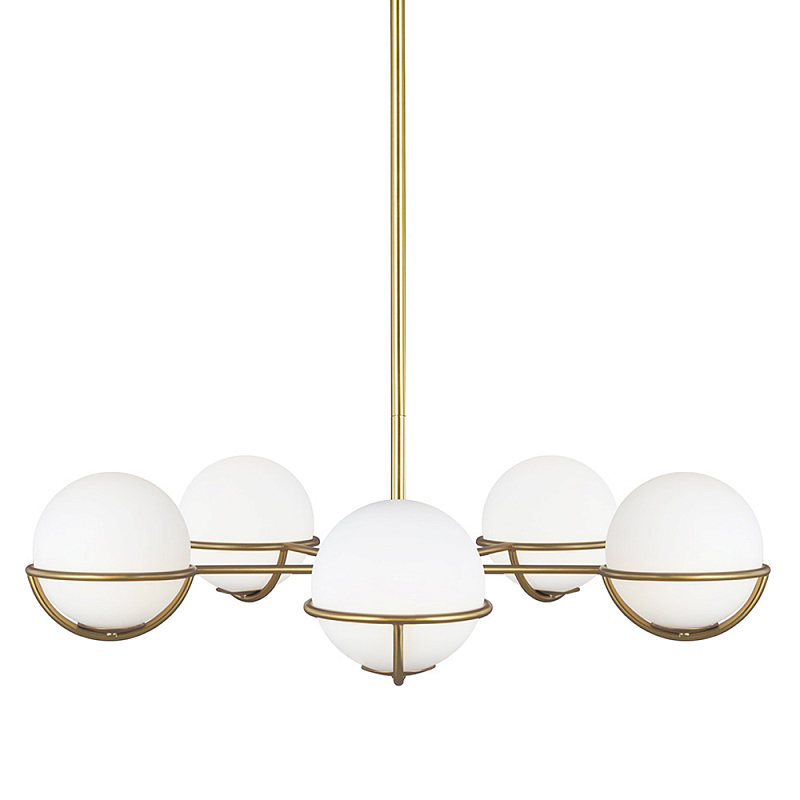 Люстра с 5-ю белыми шарообразными плафонами в сферические каркасах Feiss Латунь Белый в Волгограде | Loft Concept 
