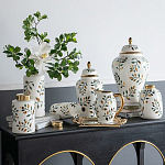 Ваза белая с крышкой с рисунком зеленых и золотых листьев 48 см Chinoiserie Ceramics варинант исполнения - 5 | Loft Concept в Волгограде