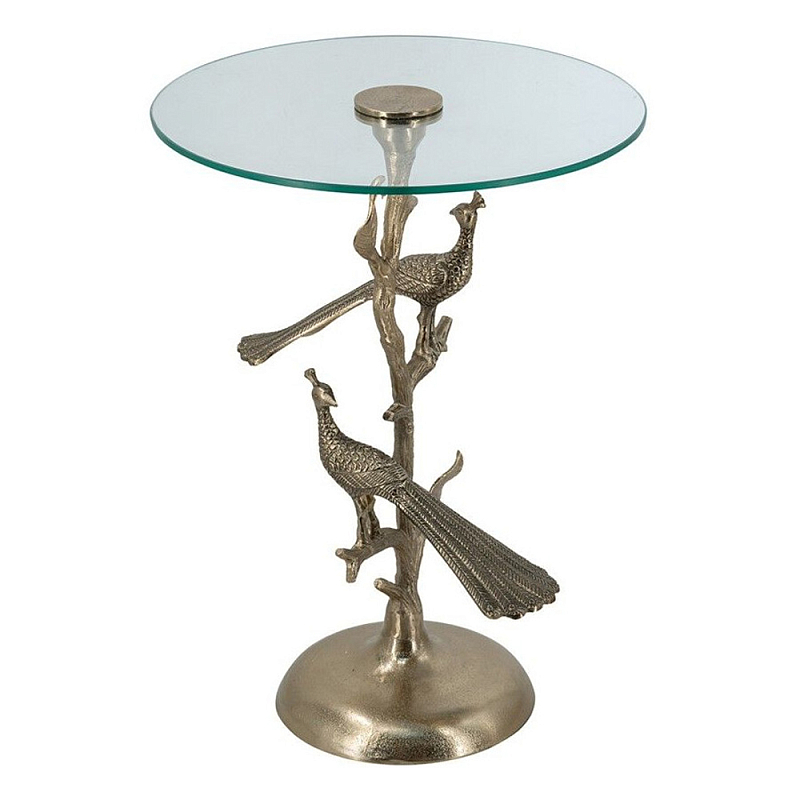 Столик с круглой стеклянной столешницей и корпусом в виде двух павлинов на ветке Table Two Peacocks Золотой Прозрачный в Волгограде | Loft Concept 