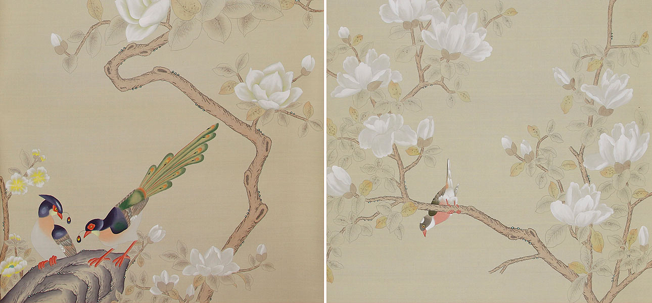 Обои ручная роспись Japanese Garden Special Colourway on Faint Gold metallic silk Обои ручная роспись Japanese Garden Special Colourway on Faint Gold metallic silk - Loft-Concept в Волгограде