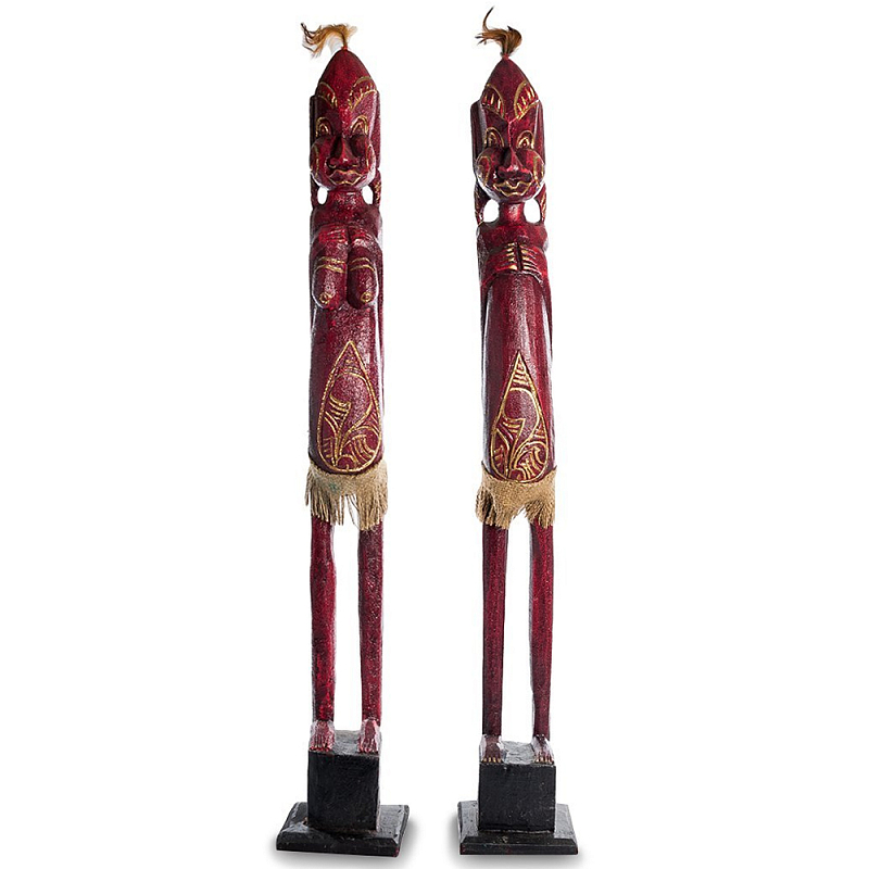 Комплект из 2-х деревянных статуэток Asmat Statuettes Red Красный Бежевый Золотой Черный Комплект из 2-х деревянных статуэток Asmat Statuettes Red Красный Бежевый Золотой Черный в Волгограде | Loft Concept