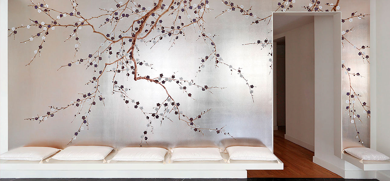 Обои ручная роспись Plum Blossom Lavender on Tarnished Silver gilded paper Обои ручная роспись Plum Blossom Lavender on Tarnished Silver gilded paper - Loft-Concept в Волгограде