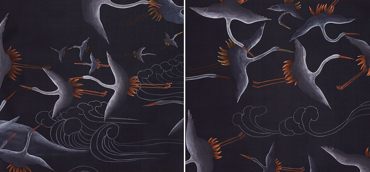 Обои ручная роспись Cranes Scroll Limewash on Pitch dyed silk Обои ручная роспись Cranes Scroll Limewash on Pitch dyed silk - Loft-Concept в Волгограде