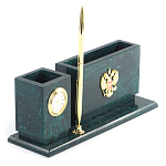 Настольный письменный набор с гербом России и часами из природного камня змеевик Successful Leader варинант исполнения - 2 | Loft Concept в Волгограде