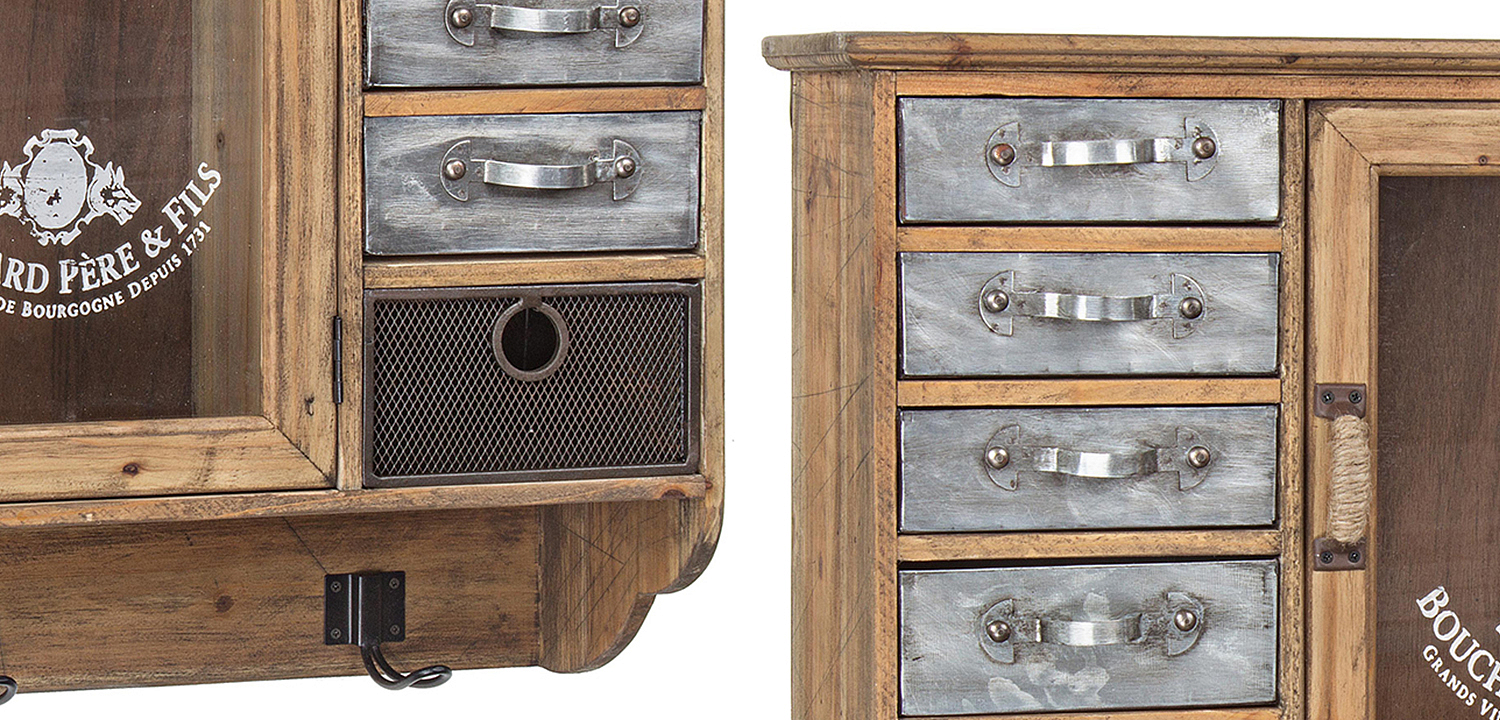 Полка в винтажном стиле с витриной и металлическими выдвижными ящиками Vintage Wood Shelf - Loft-Concept в Волгограде