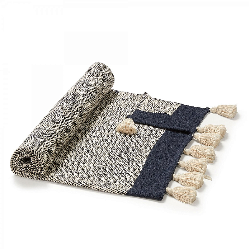 Плед Plaid Chevron Tassels Бежевый Синий Плед Plaid Chevron Tassels Бежевый Синий в Волгограде | Loft Concept