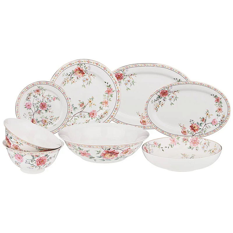 Сервиз обеденный из фарфора 23 предмета Flower Porcelain Collection Белый Красный Зеленый Сервиз обеденный из фарфора 23 предмета Flower Porcelain Collection Белый Красный Зеленый в Волгограде | Loft Concept