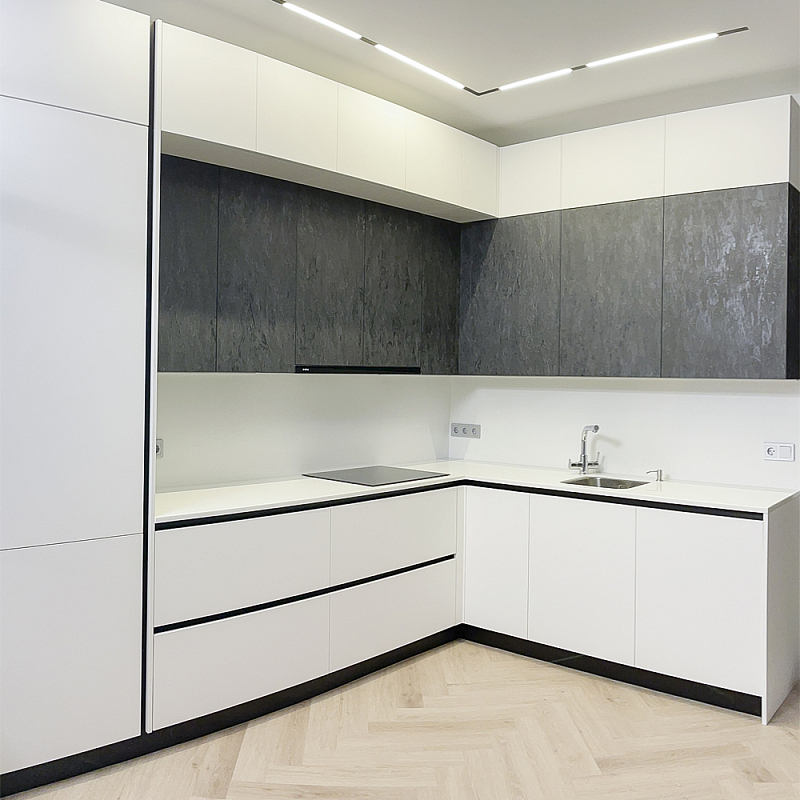 Угловой кухонный гарнитур Жемчужный белый Серый Clarke Kitchen Set White Grey Белый Темно-серый Угловой кухонный гарнитур Жемчужный белый Серый Clarke Kitchen Set White Grey Белый Темно-серый в Волгограде | Loft Concept