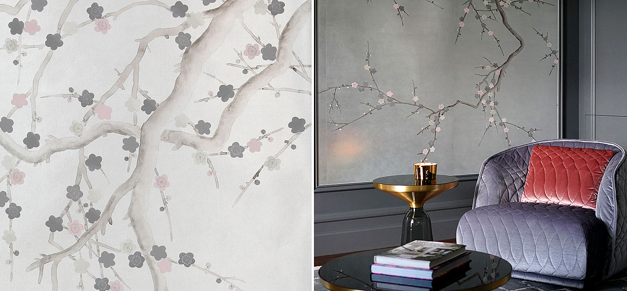Обои ручная роспись Plum Blossom Colourway SC-233 on Sterling Silver gilded silk Обои ручная роспись Plum Blossom Colourway SC-233 on Sterling Silver gilded silk - Loft-Concept в Волгограде