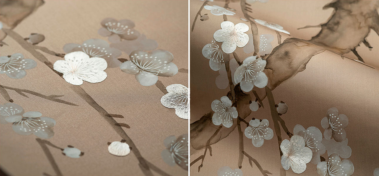 Обои ручная роспись Plum Blossom Colourway SC-232 on Lead Grey dyed silk Обои ручная роспись Plum Blossom Colourway SC-232 on Lead Grey dyed silk - Loft-Concept в Волгограде