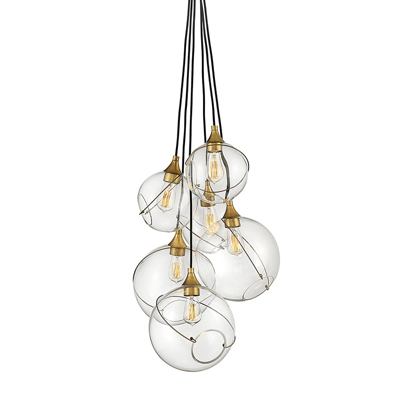 Подвесной светильник с шестью прозрачными стеклянными шарообразными плафонами Hinkley Латунь Прозрачное Стекло в Волгограде | Loft Concept 