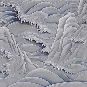Обои ручная роспись Matsushima Waves Hokusai on Gun Metal dyed silk