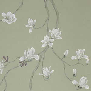 Обои ручная роспись Magnolia Canopy Colourway SC-287 on Aquamarine slub silk