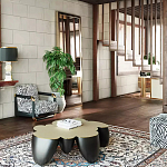 Дизайнерский журнальный стол округлой формы чёрный с золотой столешницей Fufem варинант исполнения - 3 | Loft Concept в Волгограде