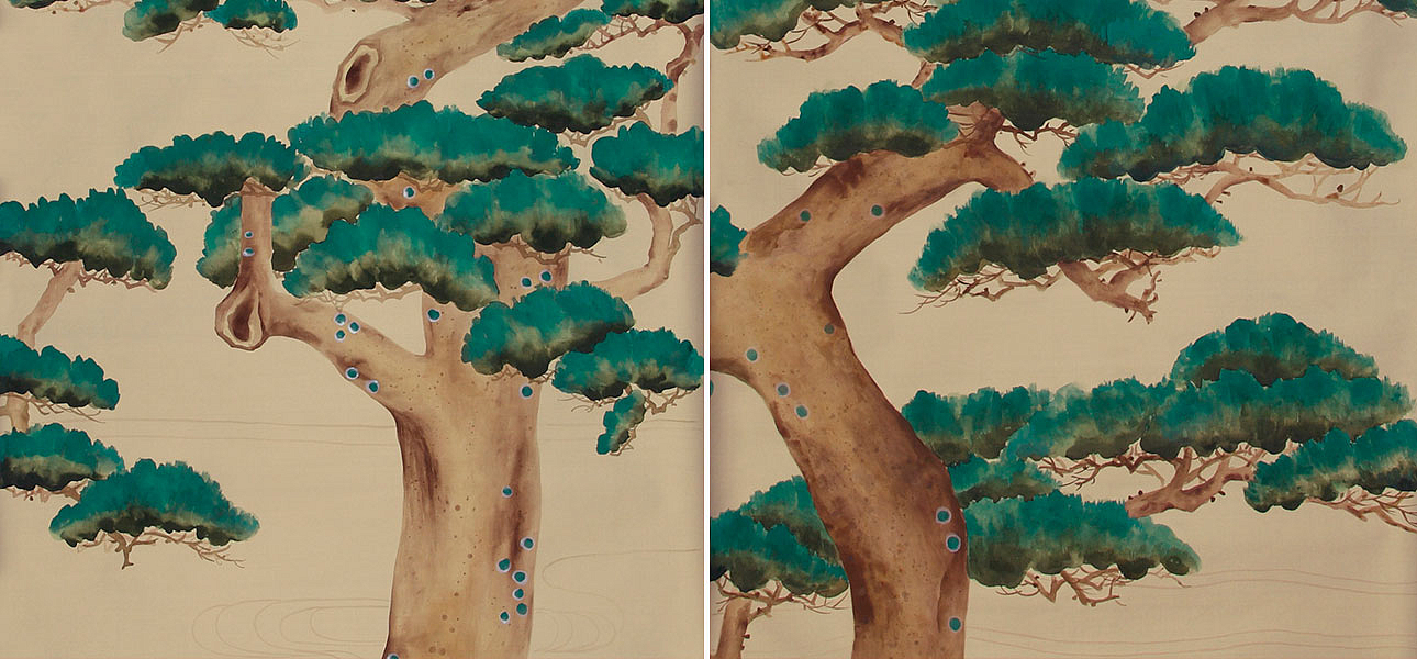 Обои ручная роспись Pine Trees Original colourway on New Faint Gold metallic silk Обои ручная роспись Pine Trees Original colourway on New Faint Gold metallic silk - Loft-Concept в Волгограде