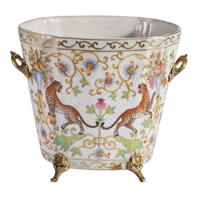 Кашпо с растительным и животным орнаментом на бронзовых ножках Turquoise Blooming Garden Мульти Бронза в Волгограде | Loft Concept 