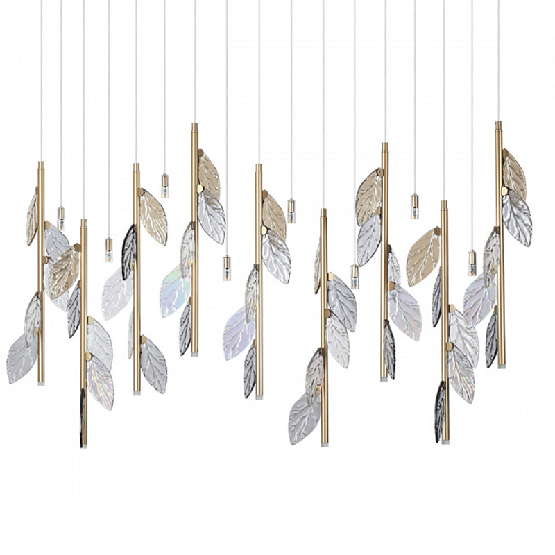 Люстра с золотистыми трубками и прозрачными стеклянными листьями на подвесах Sylva  матовое золото Дымчатый (Smoke) Прозрачное Стекло в Волгограде | Loft Concept 