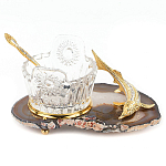 Икорница с ложкой с декором "Кадушка" с гравировкой на подставке из натурального камня Агат Decorative Cavair Dishes варинант исполнения - 1 | Loft Concept в Волгограде