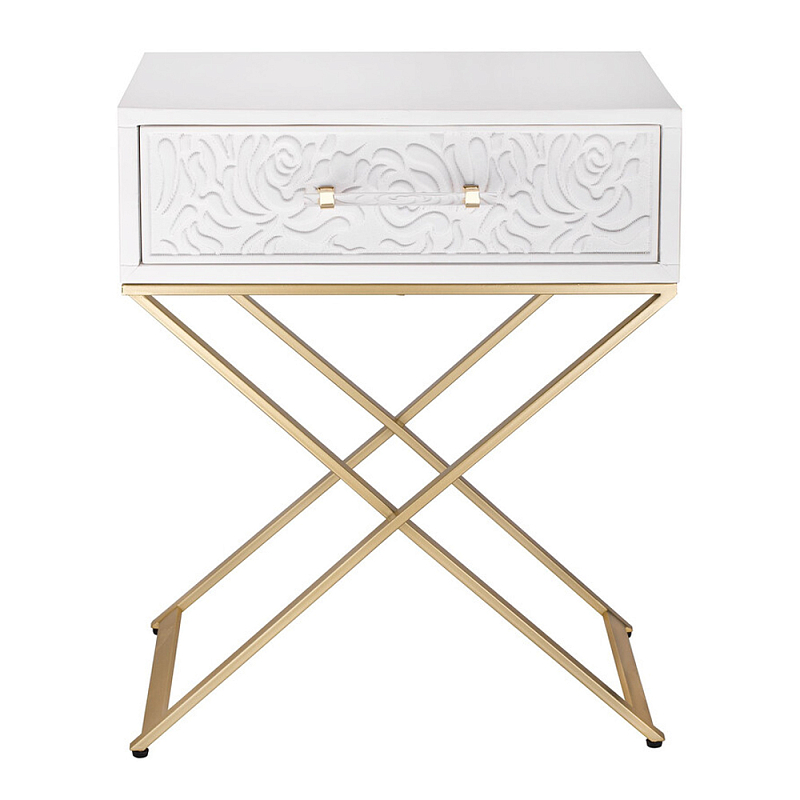 Приставной столик с выдвижным ящиком  White Table Carved Pattern Белый Золотой в Волгограде | Loft Concept 