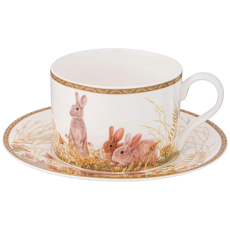 Чайная пара из фарфора с изображением собаки и зайцев 300 мл Hunting Porcelain Collection 2 Белый Коричневый Мульти в Волгограде | Loft Concept 