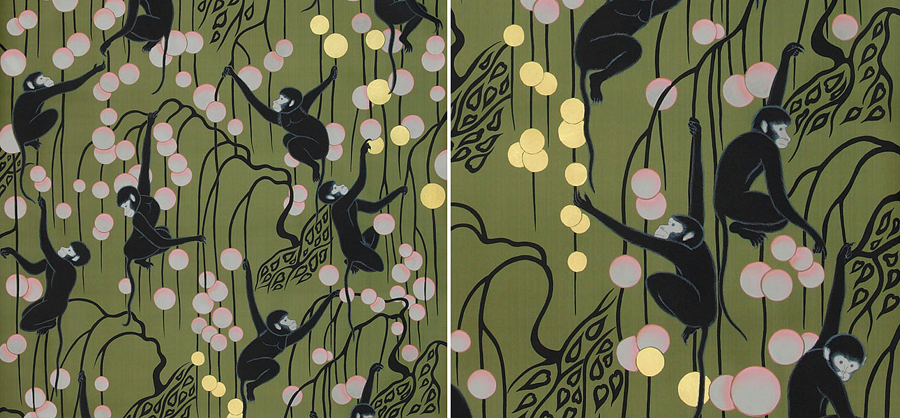 Обои ручная роспись Deco Monkeys Special Colourway on Olive dyed silk Обои ручная роспись Deco Monkeys Special Colourway on Olive dyed silk - Loft-Concept в Волгограде