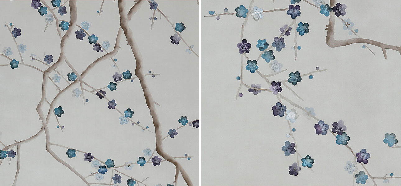 Обои ручная роспись Plum Blossom Colourway SC-81 on Oyster Shell metallic silk Обои ручная роспись Plum Blossom Colourway SC-81 on Oyster Shell metallic silk - Loft-Concept в Волгограде