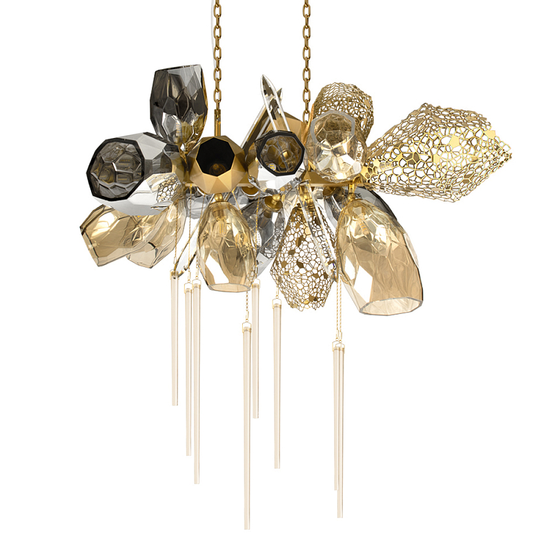 Люстра подвесная с 18-ю стеклянными плафонами с вертикальными подвесками Gilded Mirage  Дымчатый (Smoke) Золотой Прозрачный в Волгограде | Loft Concept 