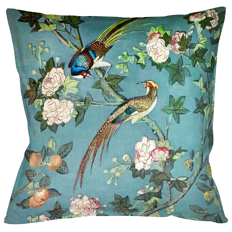 Подушка декоративная с изображением птицы в саду Chinoiserie Birds in the Garden Cushion Бирюзовый Мульти в Волгограде | Loft Concept 