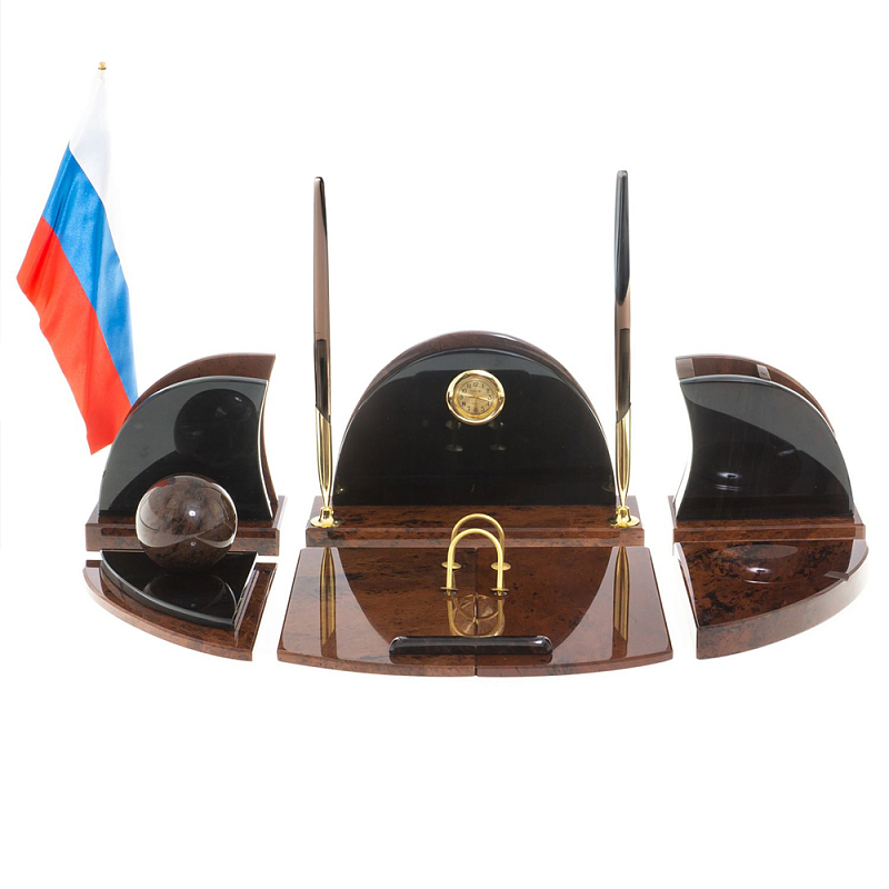 Настольный письменный набор с часами из природного камня обсидиана Oval Office Коричневый Бронза Настольный письменный набор с часами из природного камня обсидиана Oval Office Коричневый Бронза в Волгограде | Loft Concept