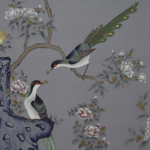 Обои ручная роспись Japanese Garden Original colourway on Gun Metal dyed silk