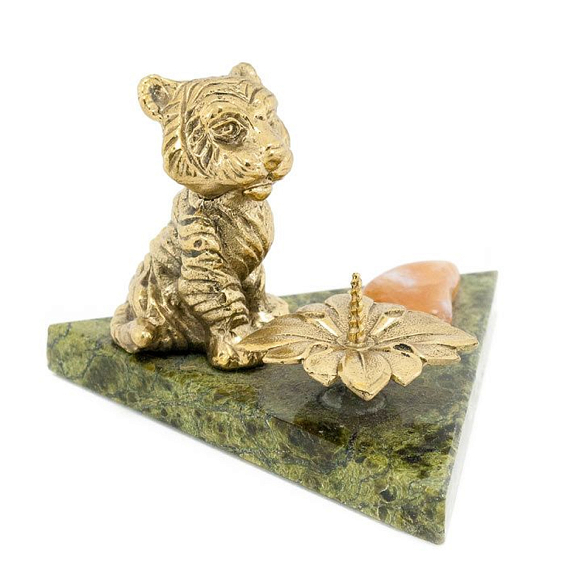 Подсвечник с фигуркой тигра из бронзы и натурального камня змеевик Stone Candlestick Змеевик Бронза в Волгограде | Loft Concept 